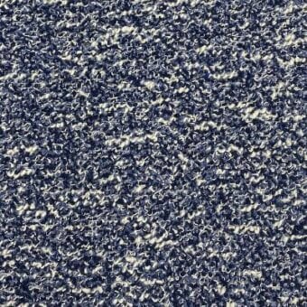 Bouclé fabric texture, navy blue and off-white, dense looped fibers with horizontal weave and mottled color distribution, moroso a5704 ocean.